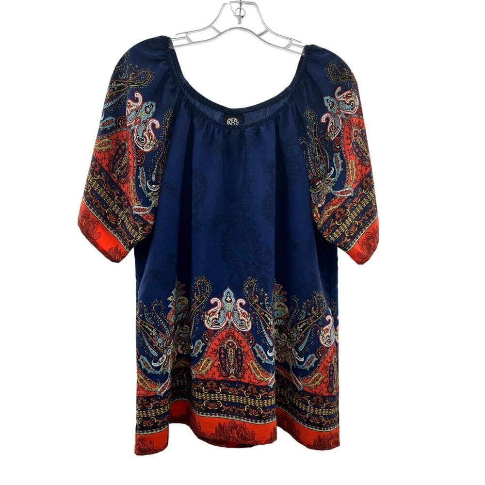Bobeau Women's Scoop Neck Paisley Blouse Blue/Multi Size Large Short Sleeve